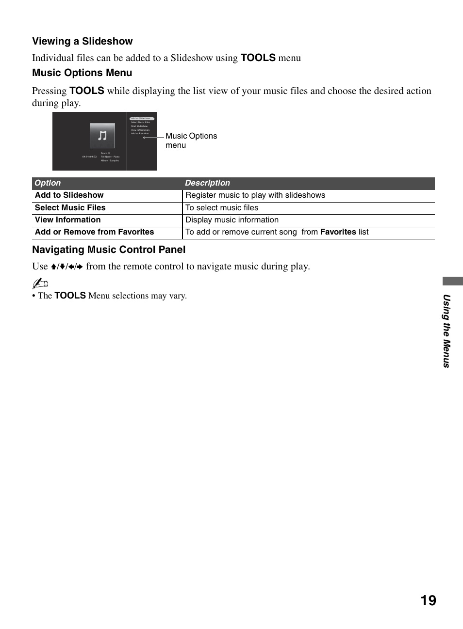 V/v/b/b, The tools menu selections may vary | Sony KDL-46V5100 User Manual | Page 19 / 24