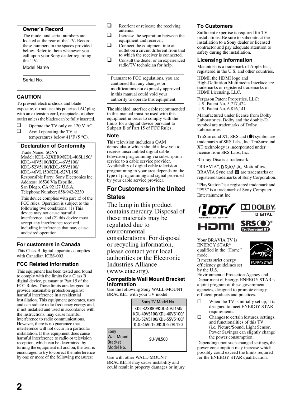 Sony KDL-46V5100 User Manual | Page 2 / 24