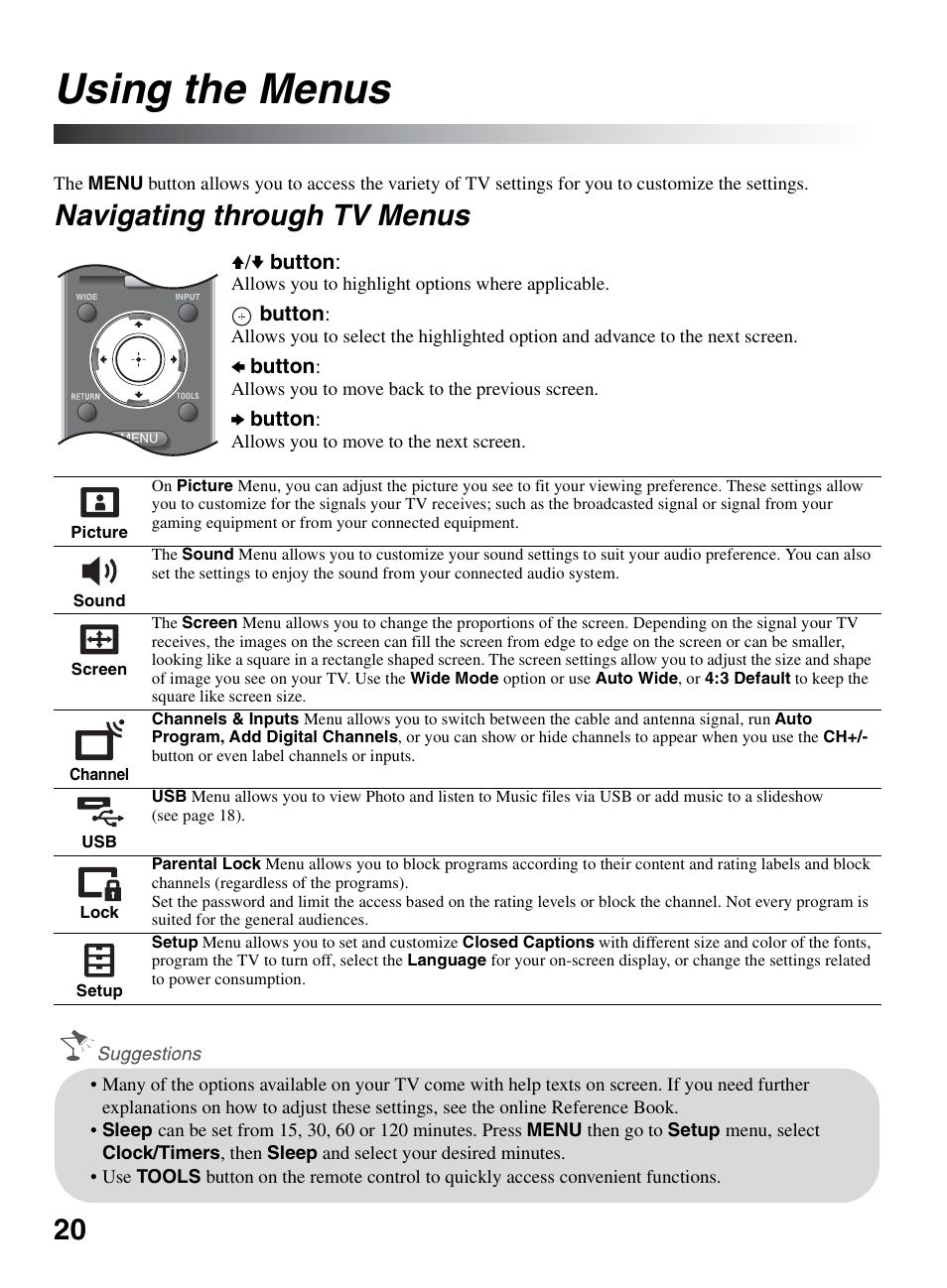 Using the menus, Navigating through tv menus | Sony KDL-46V5100 User Manual | Page 20 / 24