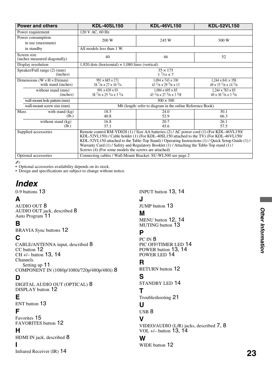 Index | Sony KDL-46V5100 User Manual | Page 23 / 24