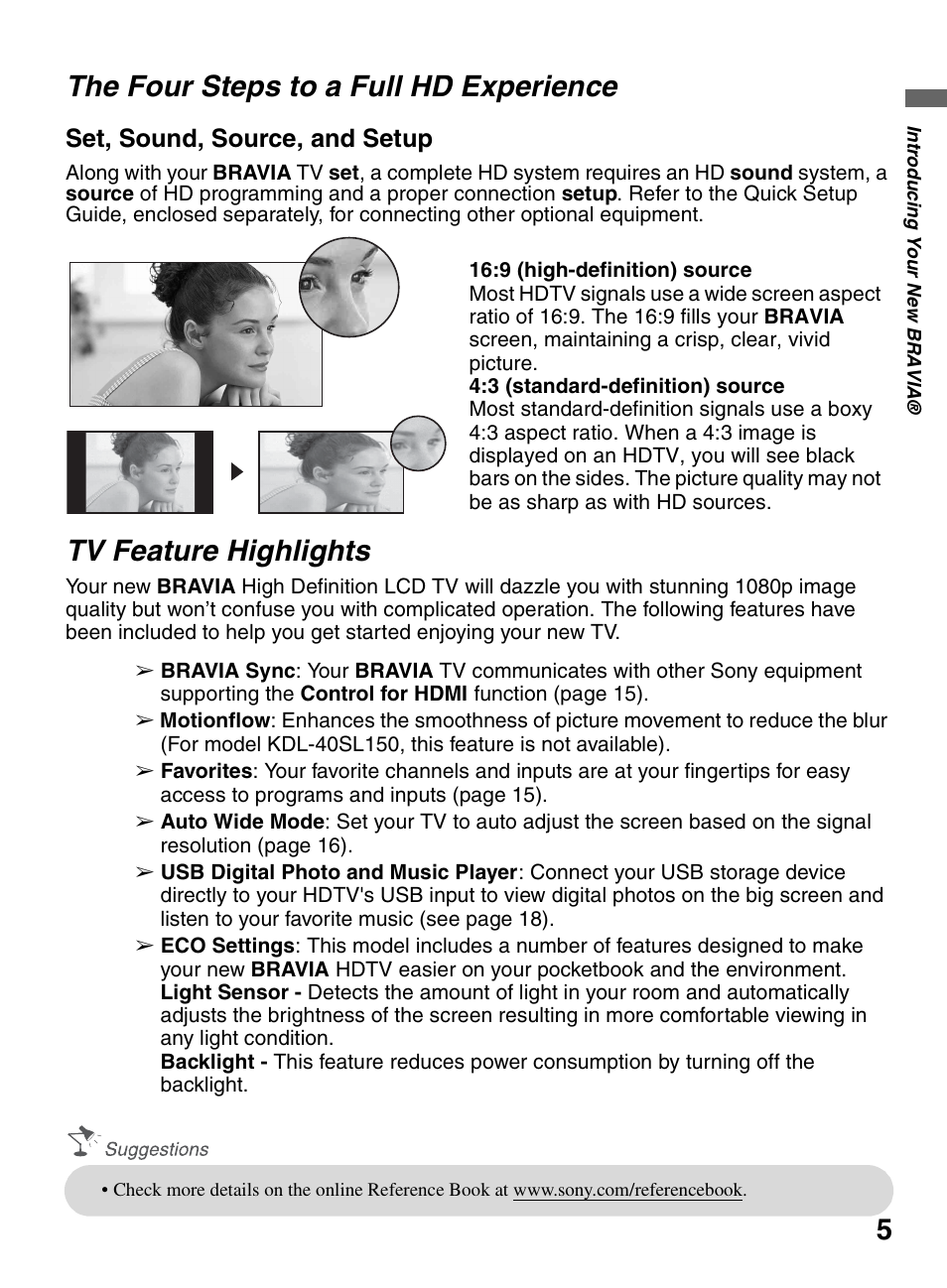The four steps to a full hd experience, Tv feature highlights, 5the four steps to a full hd experience | Sony KDL-46V5100 User Manual | Page 5 / 24