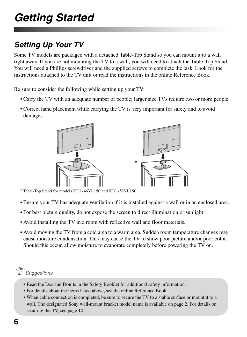 Getting started, Setting up your tv | Sony KDL-46V5100 User Manual | Page 6 / 24