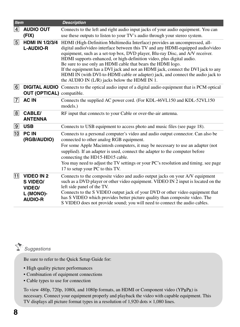 Sony KDL-46V5100 User Manual | Page 8 / 24