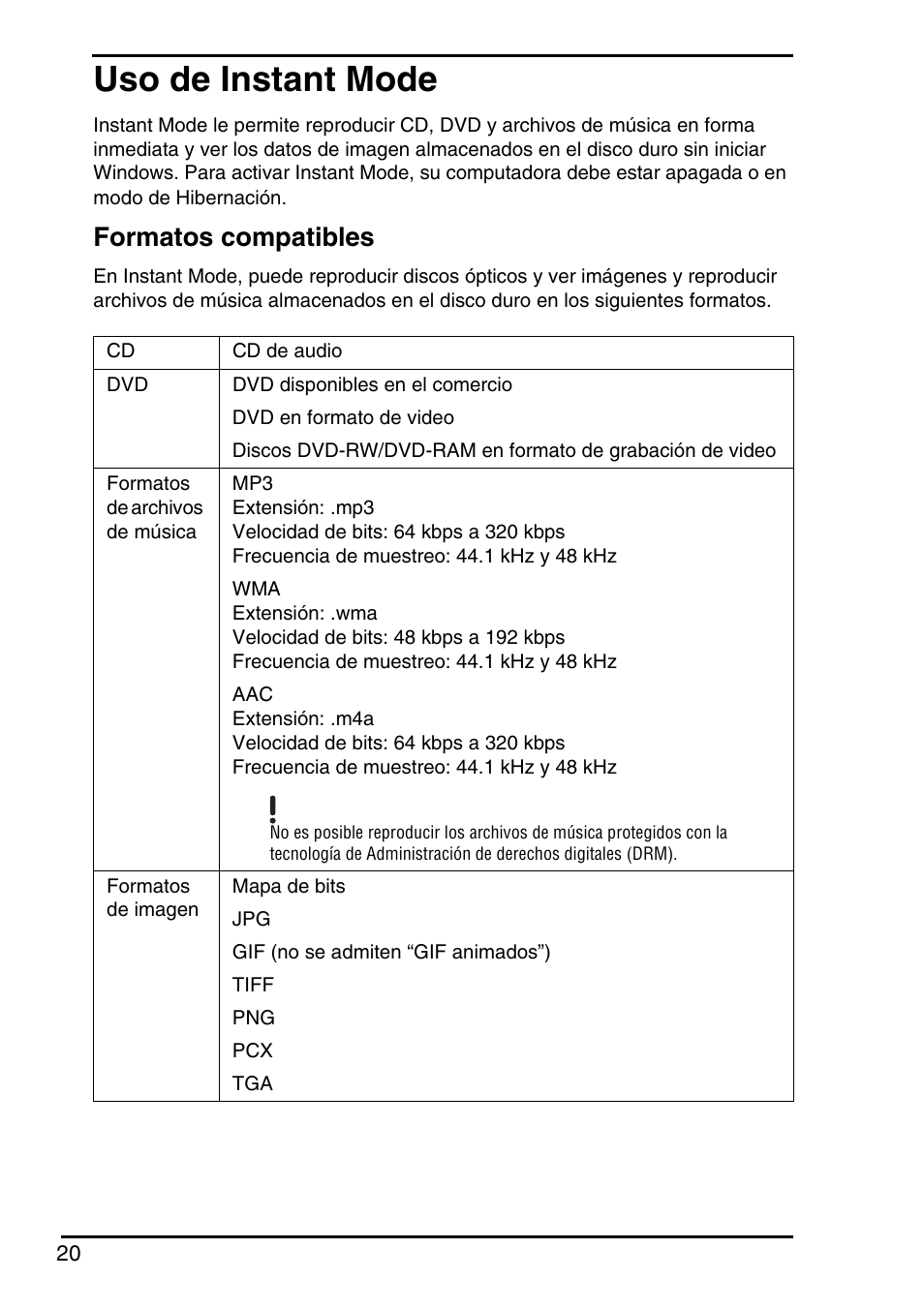 Uso de instant mode, Formatos compatibles | Sony VGN-FZ145E User Manual | Page 22 / 68