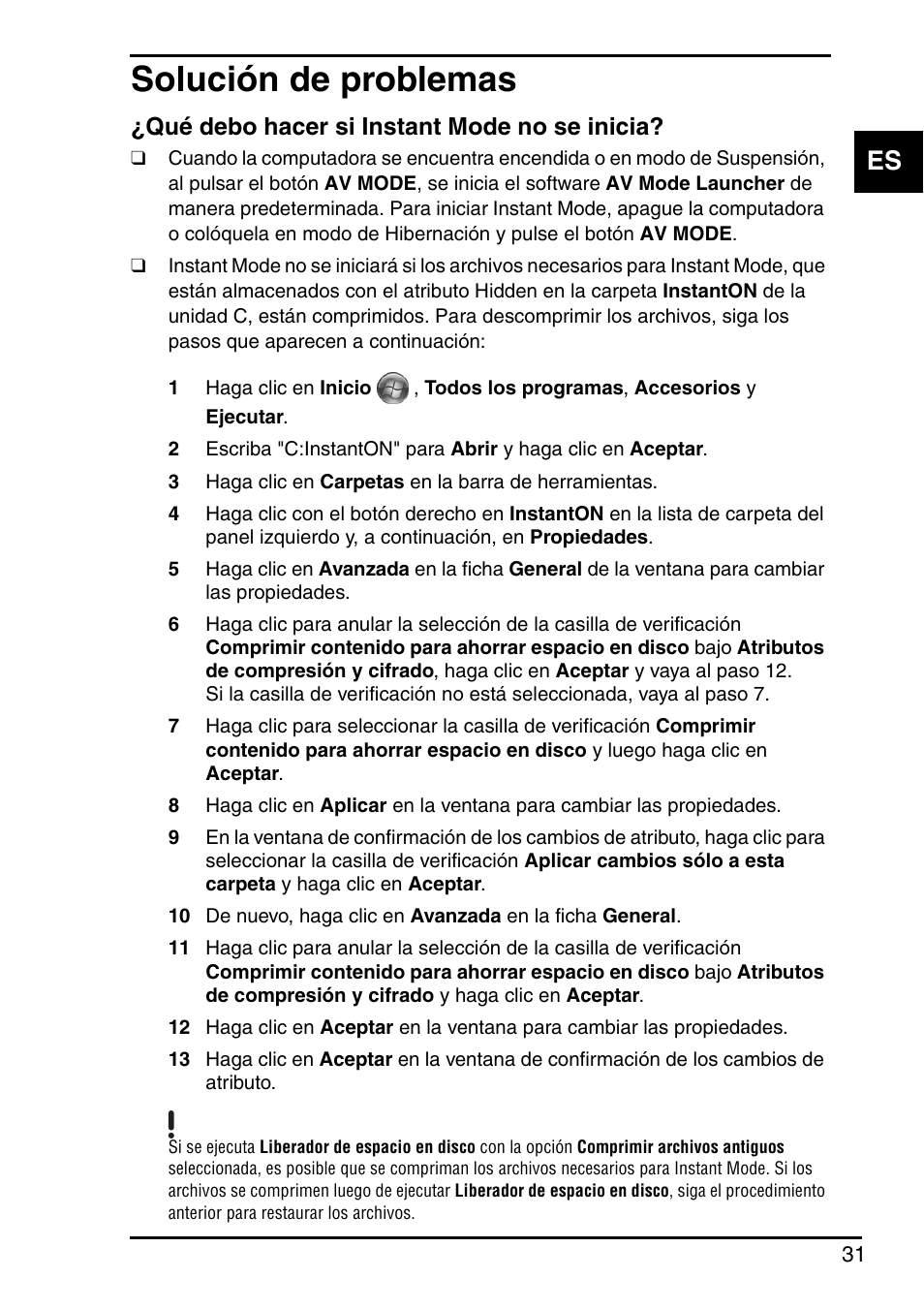 Solución de problemas, Qué debo hacer si instant mode no se inicia | Sony VGN-FZ145E User Manual | Page 33 / 68