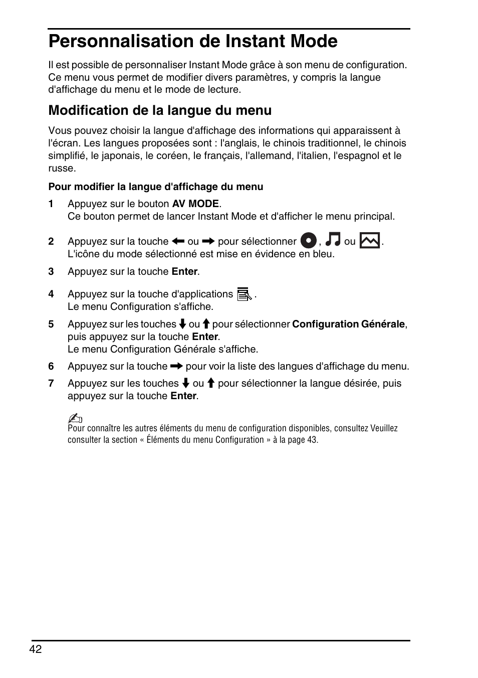 Personnalisation de instant mode, Modification de la langue du menu | Sony VGN-FZ145E User Manual | Page 44 / 68