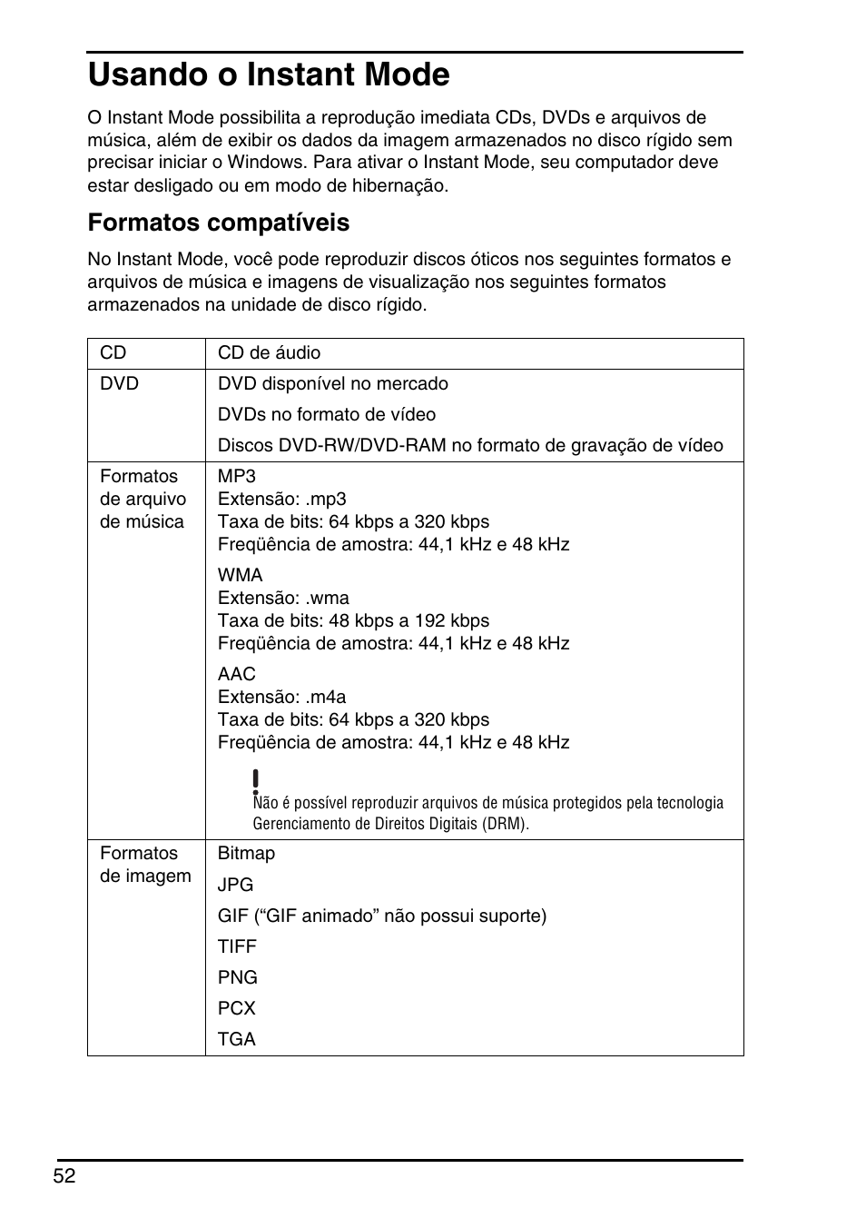 Usando o instant mode, Formatos compatíveis | Sony VGN-FZ145E User Manual | Page 54 / 68