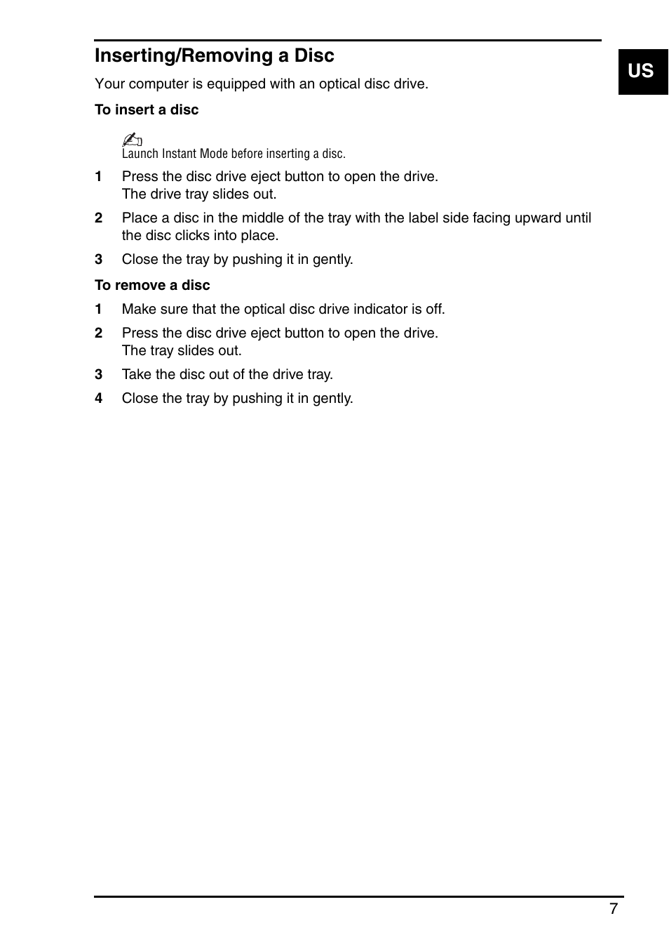 Inserting/removing a disc, Us inserting/removing a disc | Sony VGN-FZ145E User Manual | Page 9 / 68