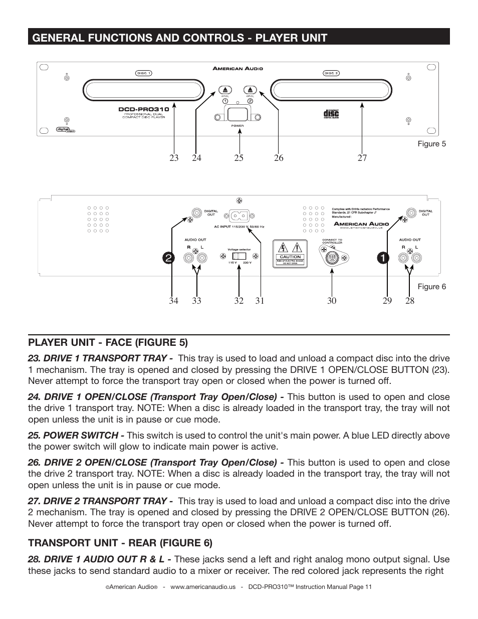 General functions and controls - player unit | American Audio DCD-PRO310 User Manual | Page 11 / 23