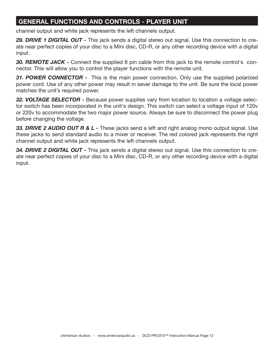 General functions and controls - player unit | American Audio DCD-PRO310 User Manual | Page 12 / 23