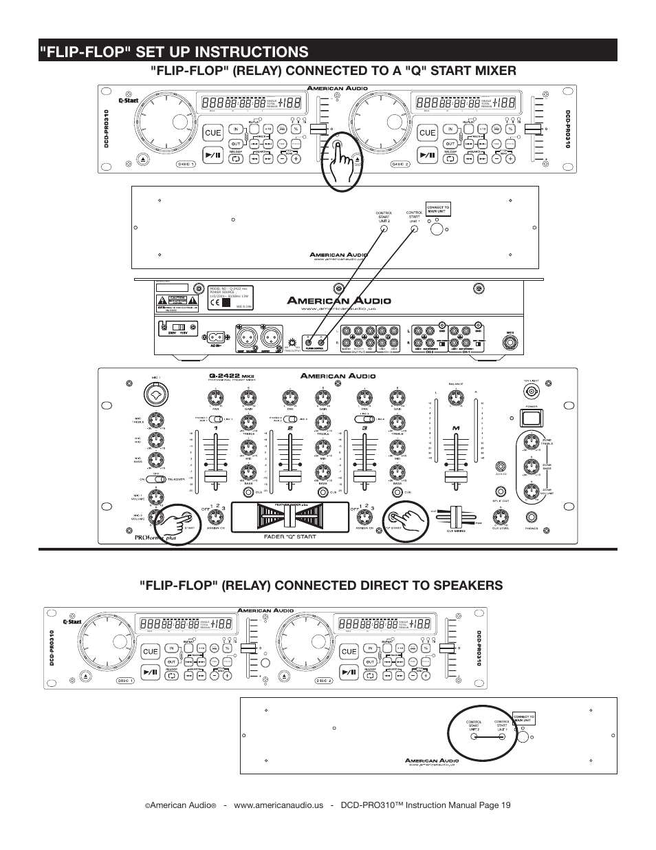 Flip-flop" set up instructions, Flip-flop" (relay) connected direct to speakers, Flip-flop" (relay) connected to a "q" start mixer | American audio | American Audio DCD-PRO310 User Manual | Page 19 / 23