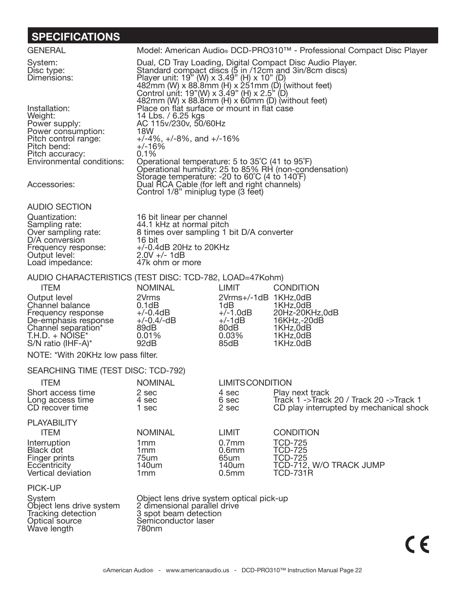 Specifications | American Audio DCD-PRO310 User Manual | Page 22 / 23