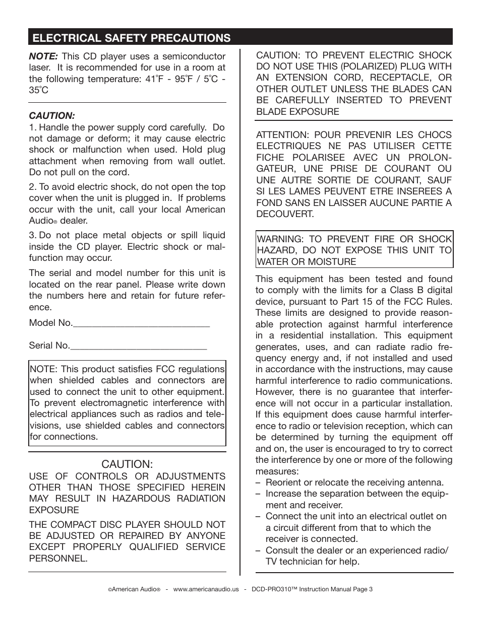 Caution, Electrical safety precautions | American Audio DCD-PRO310 User Manual | Page 3 / 23