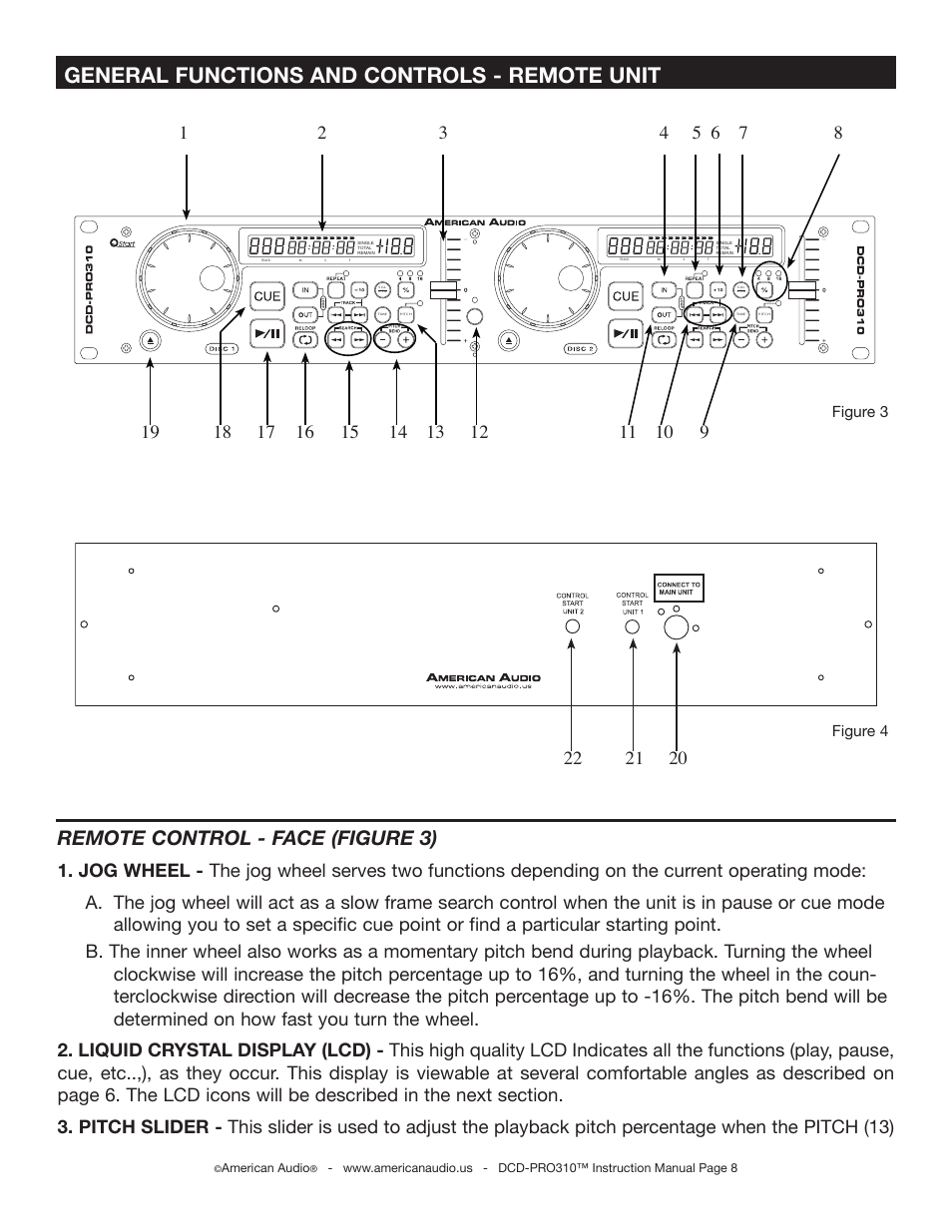 General functions and controls - remote unit, Remote control - face (figure 3) | American Audio DCD-PRO310 User Manual | Page 8 / 23