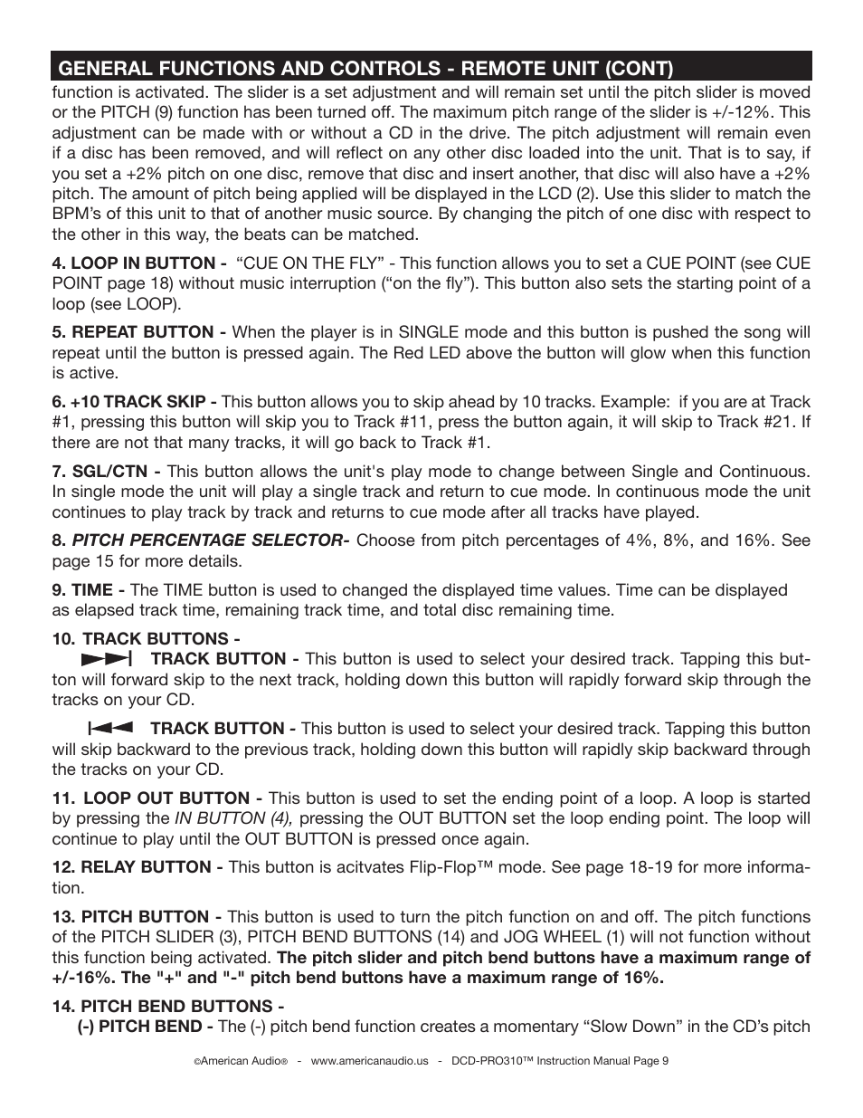American Audio DCD-PRO310 User Manual | Page 9 / 23