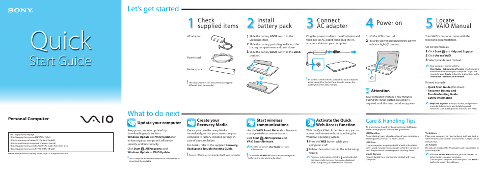 Let’s get started what to do next, Check supplied items, Install battery pack | Connect ac adapter, Power on, Locate vaio manual, Care & handling tips, Attention, Update your computer create your recovery media, Personal computer | Sony VPCEH11FX User Manual | Page 2 / 2