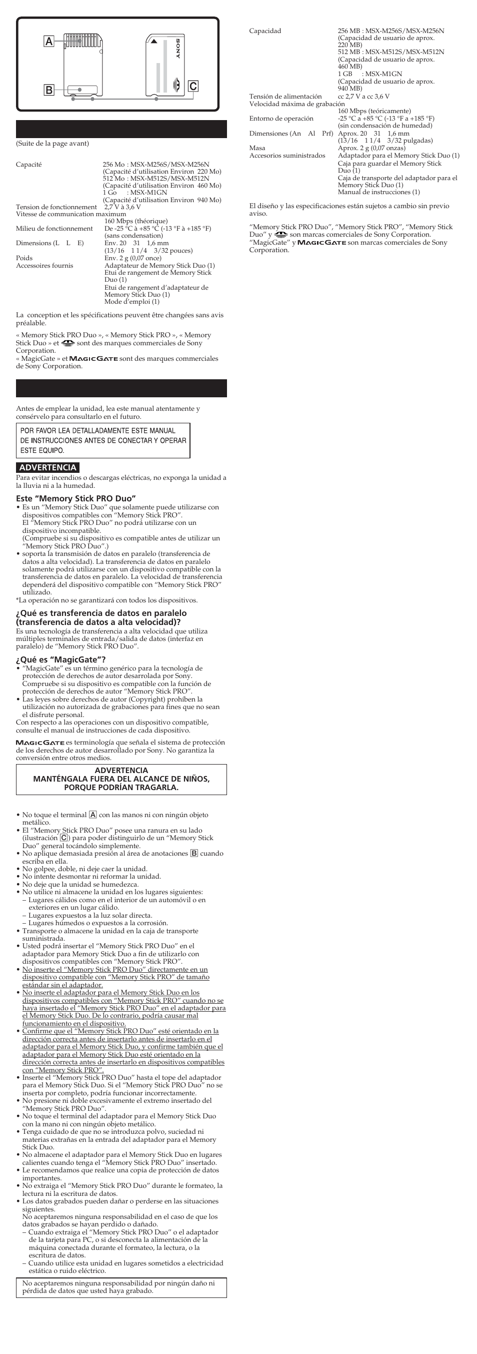 Français, Español, Fiche technique | Precauciones para la utilización, Especificaciones | Sony MSX-M256S User Manual | Page 2 / 2