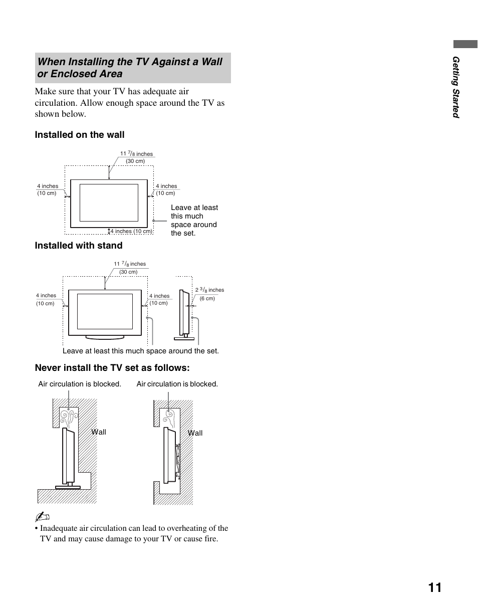 When installing the tv against a wall or, Enclosed area, Gettin g starte d | Sony KDL-46SL140 User Manual | Page 11 / 48