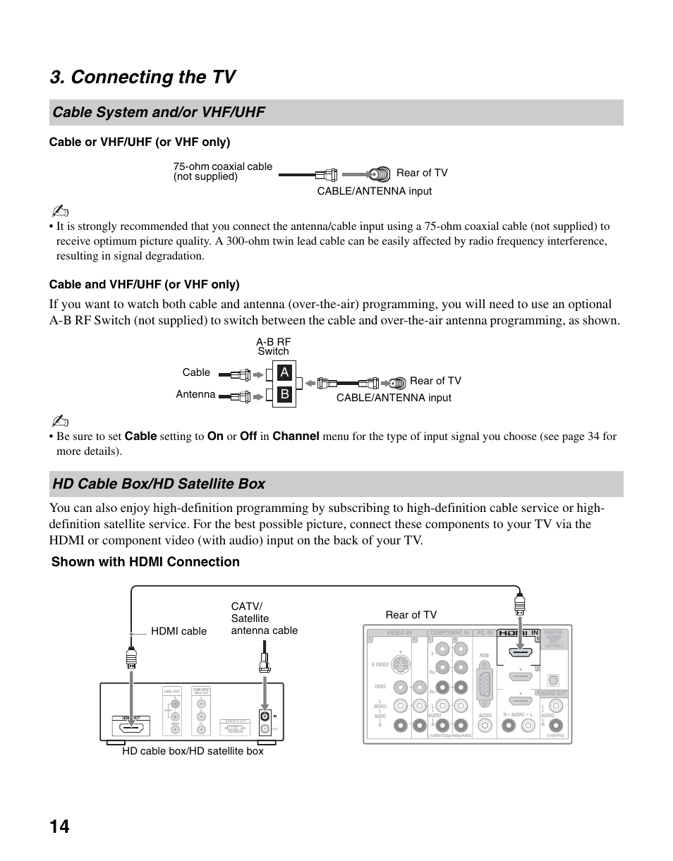 Connecting the tv, Cable system and/or vhf/uhf, Hd cable box/hd satellite box | 14 3. connecting the tv, Shown with hdmi connection | Sony KDL-46SL140 User Manual | Page 14 / 48