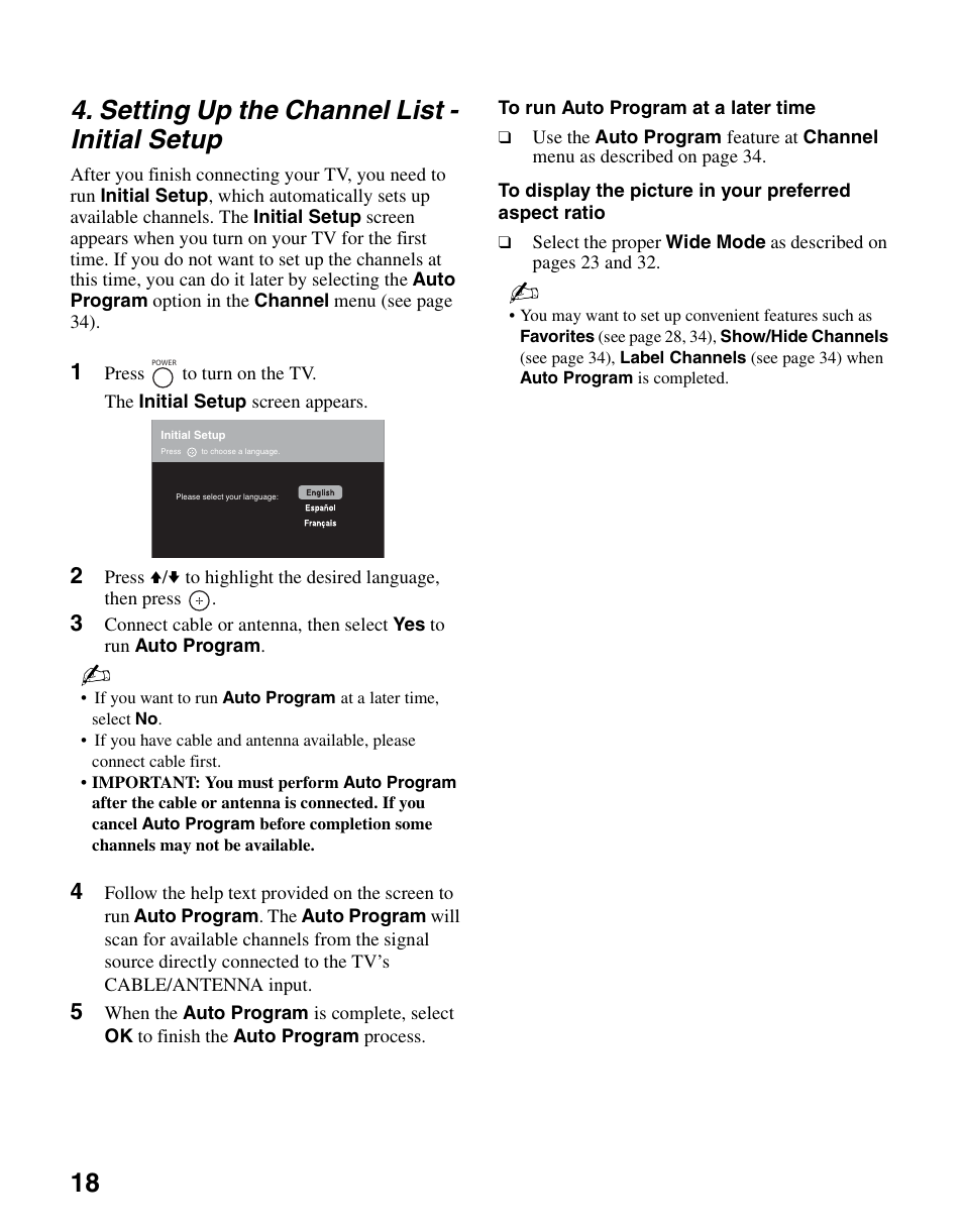 Setting up the channel list - initial setup, Setting up the channel list, Initial setup | 18 4. setting up the channel list - initial setup | Sony KDL-46SL140 User Manual | Page 18 / 48