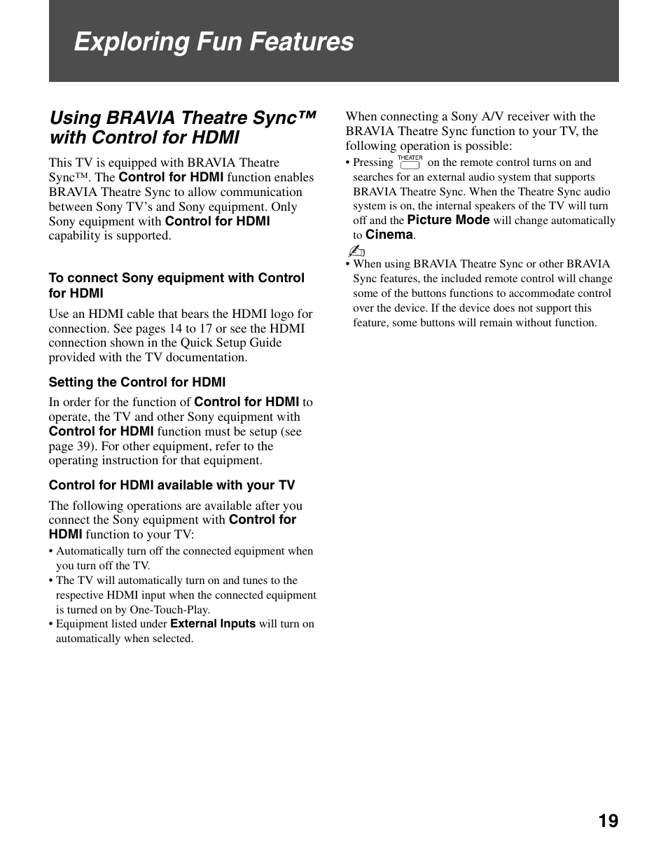 Exploring fun features, Using bravia theatre sync™ with control for hdmi, Using bravia theatre sync™ with | Control for hdmi | Sony KDL-46SL140 User Manual | Page 19 / 48