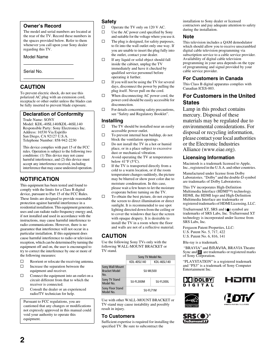 Caution, Notification | Sony KDL-46SL140 User Manual | Page 2 / 48