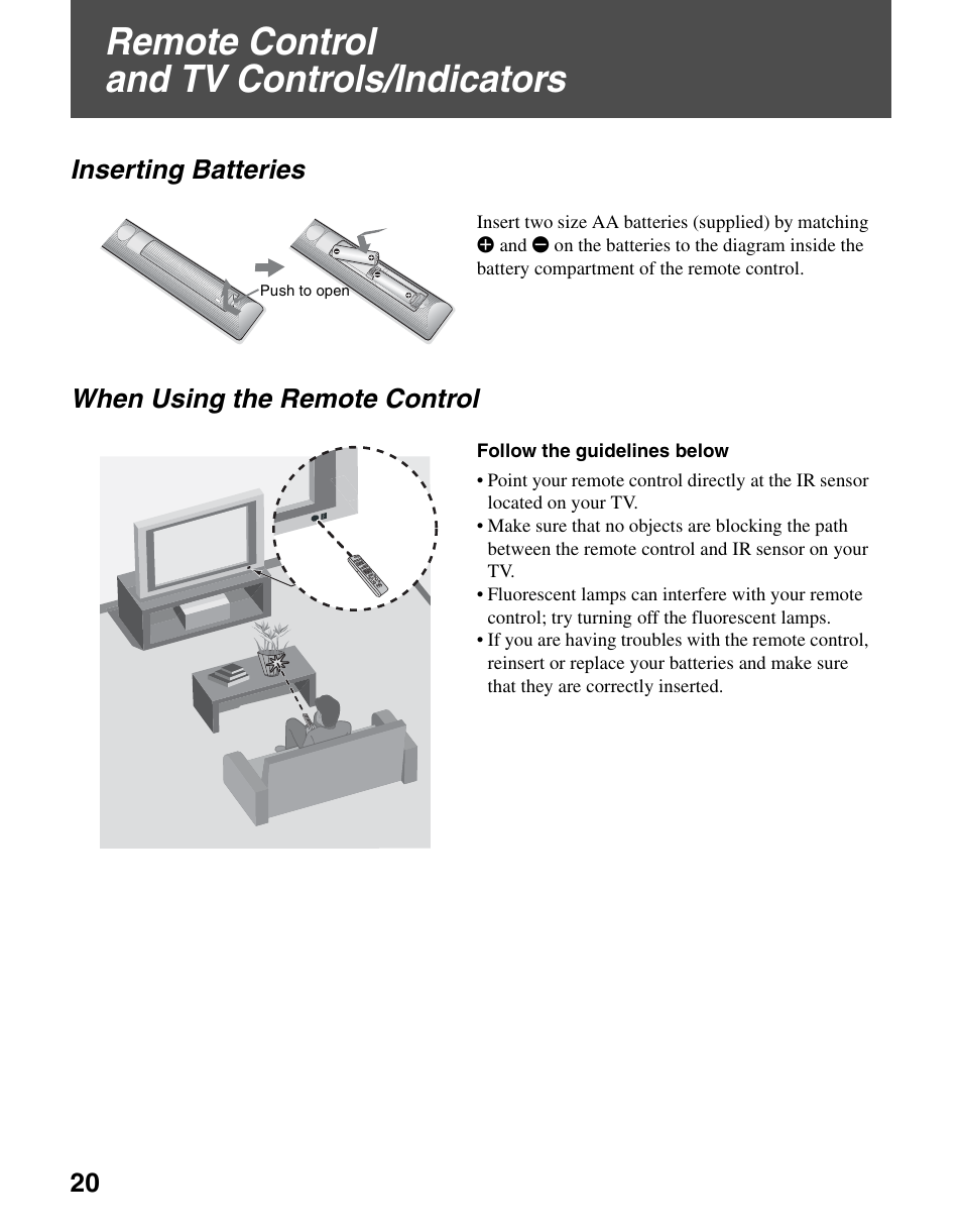 Remote control and tv controls/indicators, Inserting batteries, When using the remote control | Inserting batteries when using the remote control | Sony KDL-46SL140 User Manual | Page 20 / 48