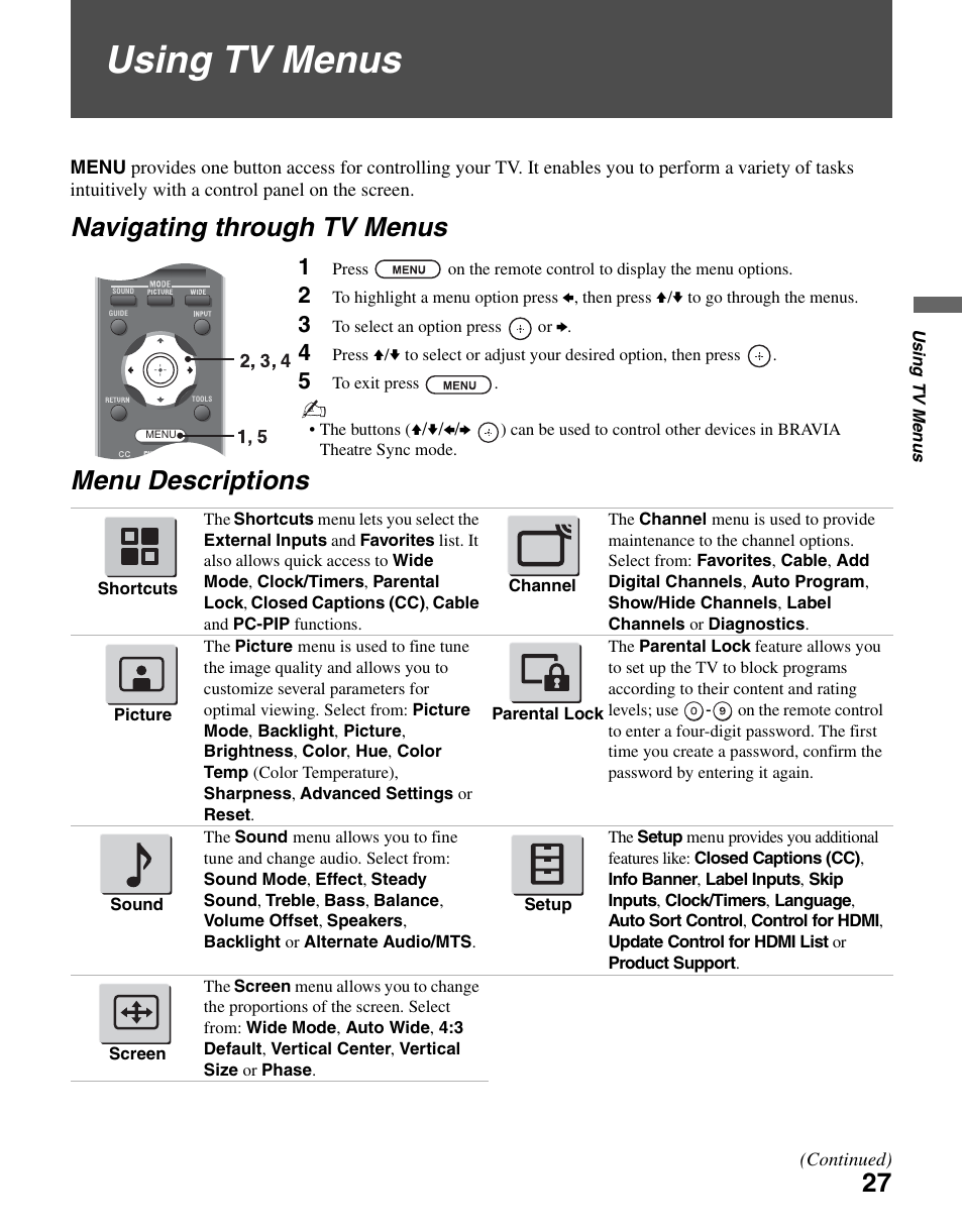 Using tv menus, Navigating through tv menus, Menu descriptions | Navigating through tv menus menu descriptions | Sony KDL-46SL140 User Manual | Page 27 / 48