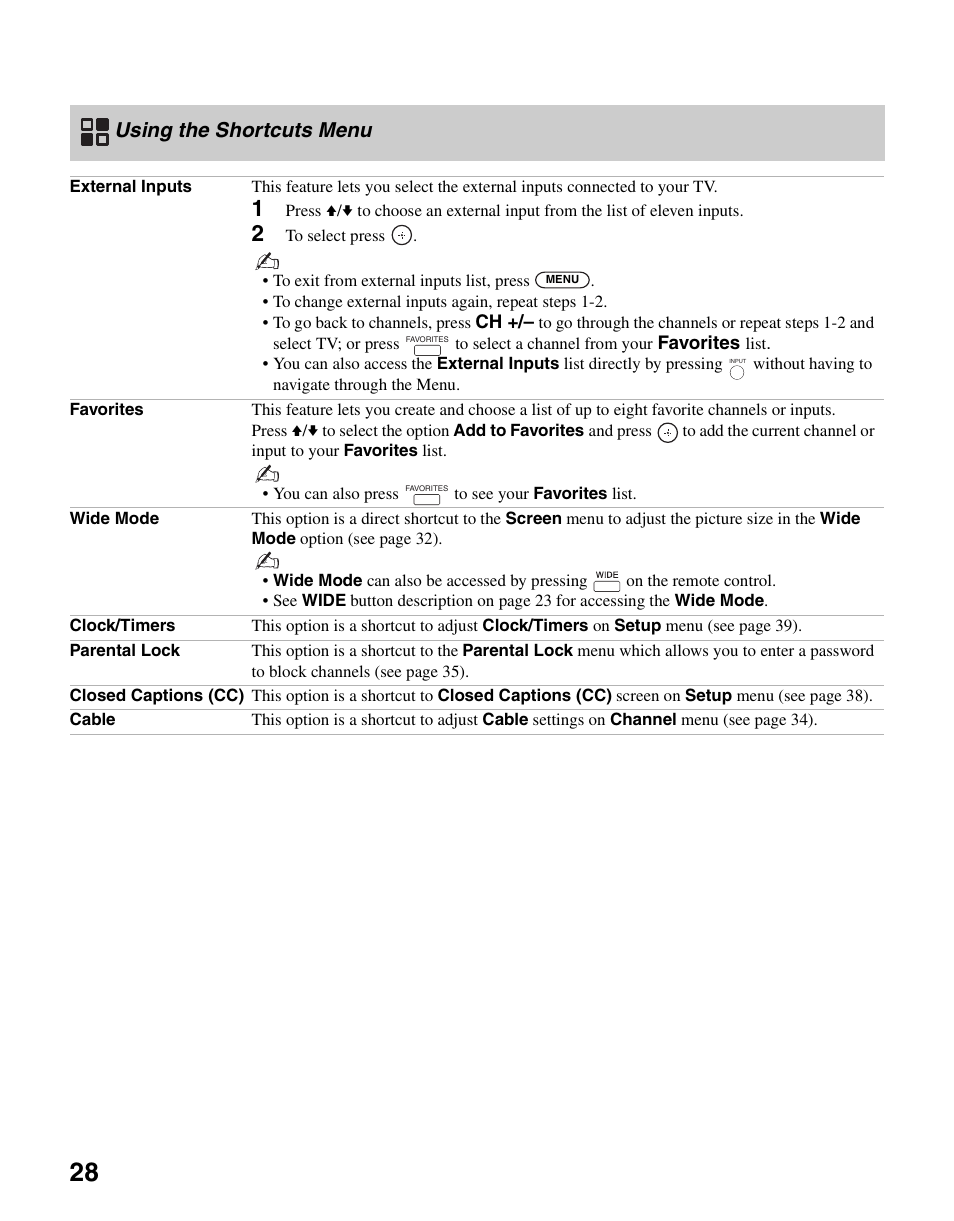 Using the shortcuts menu | Sony KDL-46SL140 User Manual | Page 28 / 48