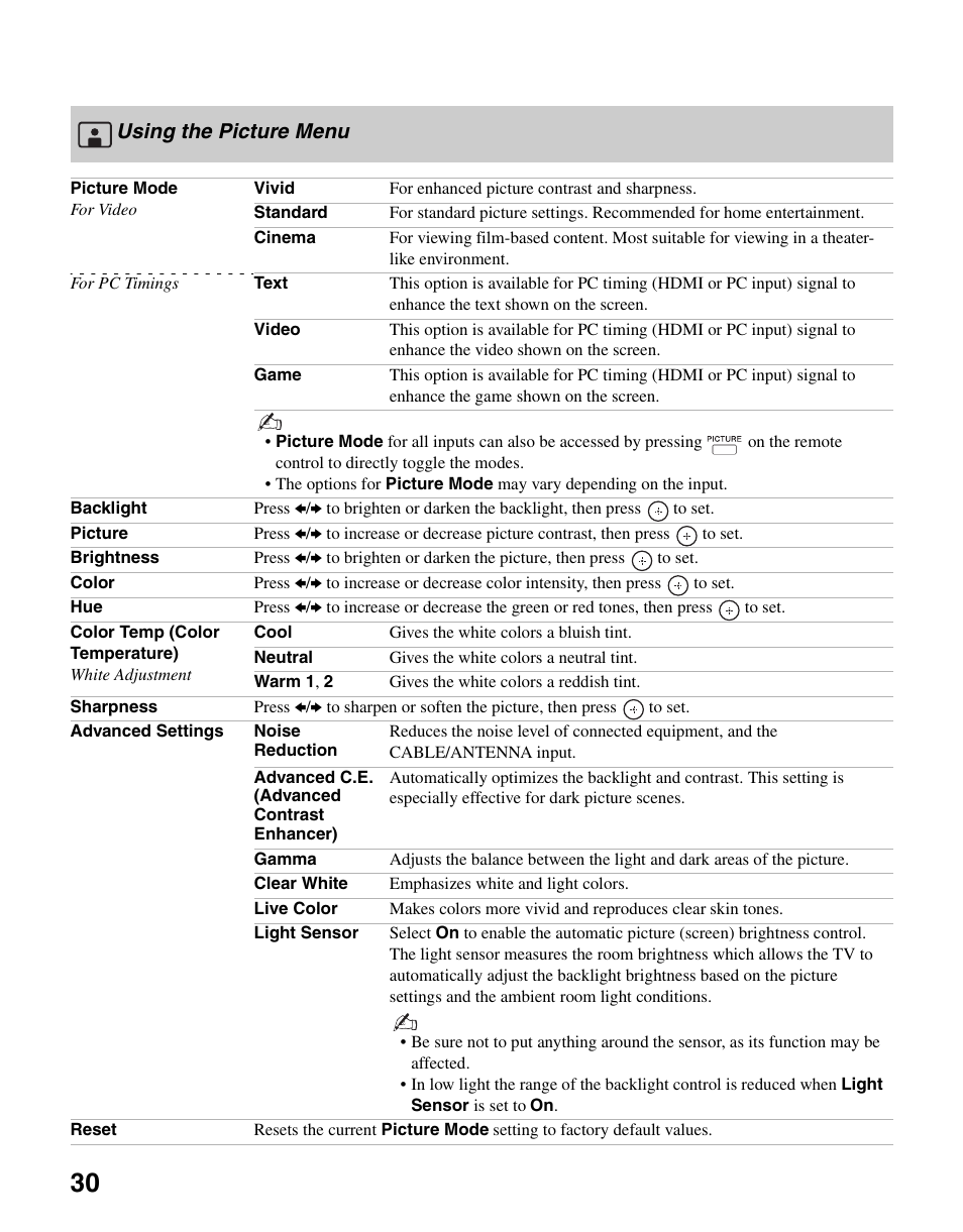 Using the picture menu | Sony KDL-46SL140 User Manual | Page 30 / 48