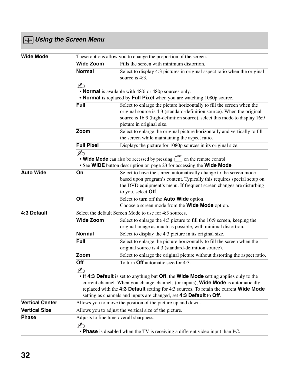 Using the screen menu, D 32 | Sony KDL-46SL140 User Manual | Page 32 / 48