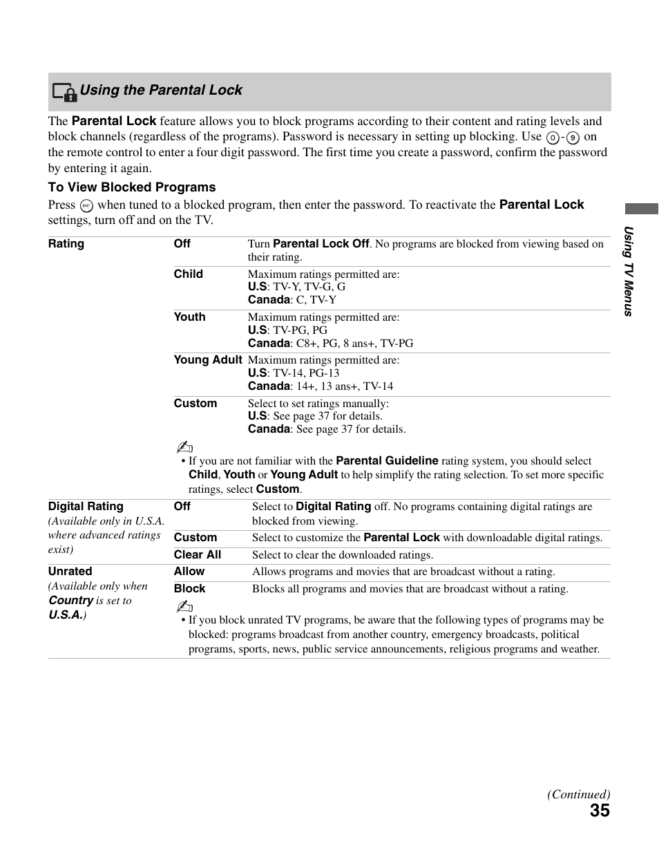 Using the parental lock | Sony KDL-46SL140 User Manual | Page 35 / 48