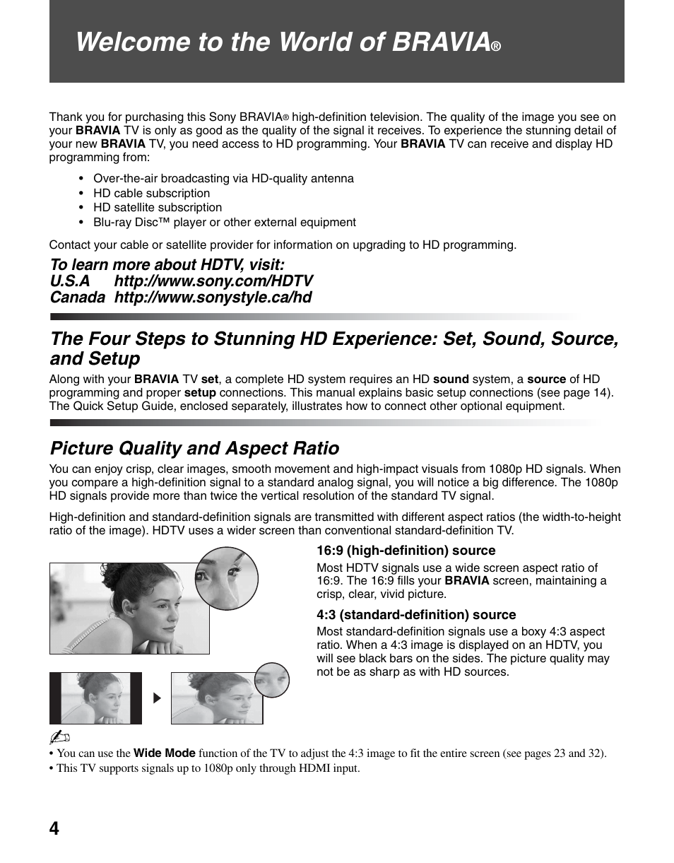 Welcome to the world of bravia, Picture quality and aspect ratio, The four steps to stunning hd experience | Set, sound, source, and setup | Sony KDL-46SL140 User Manual | Page 4 / 48
