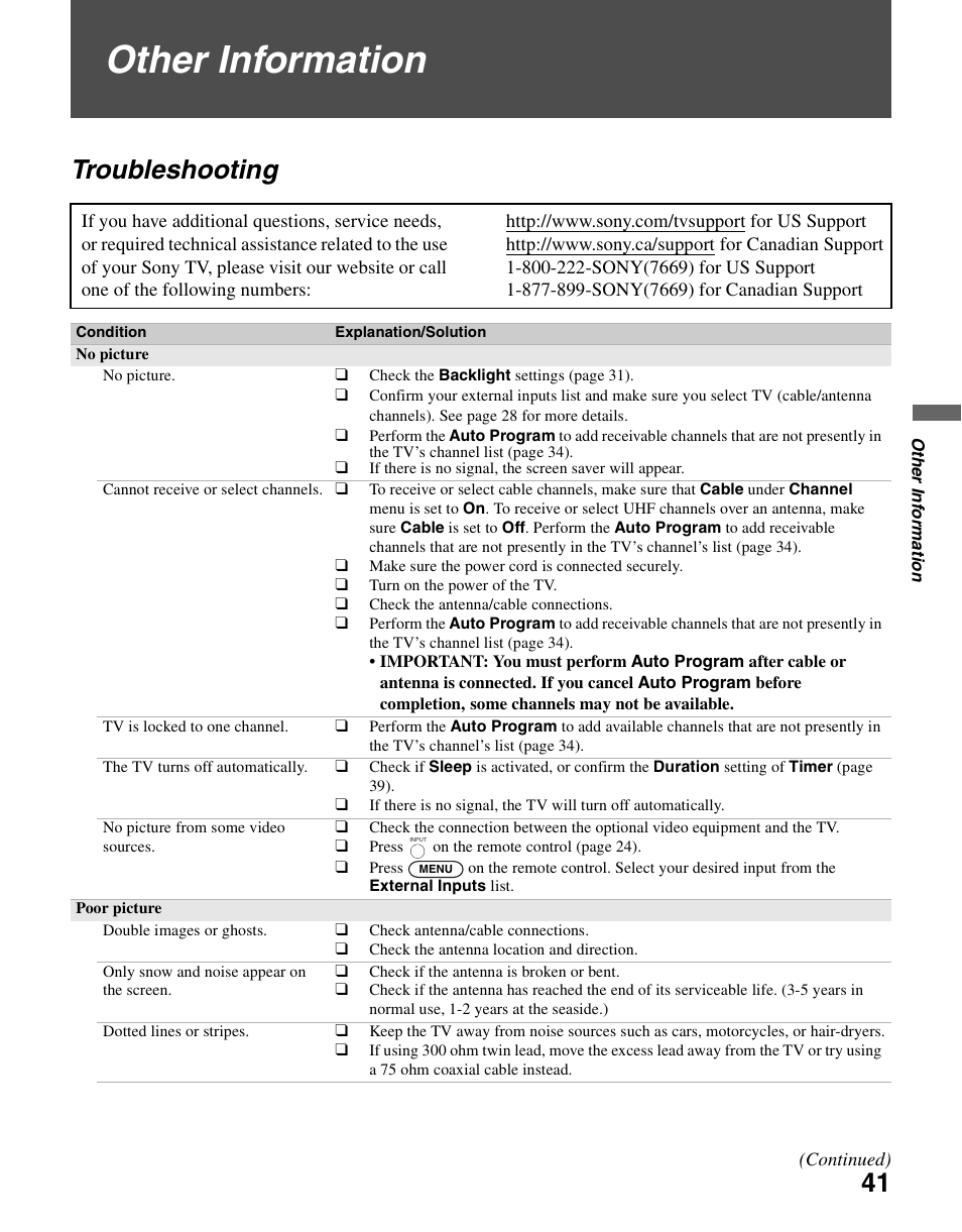 Other information, Troubleshooting | Sony KDL-46SL140 User Manual | Page 41 / 48