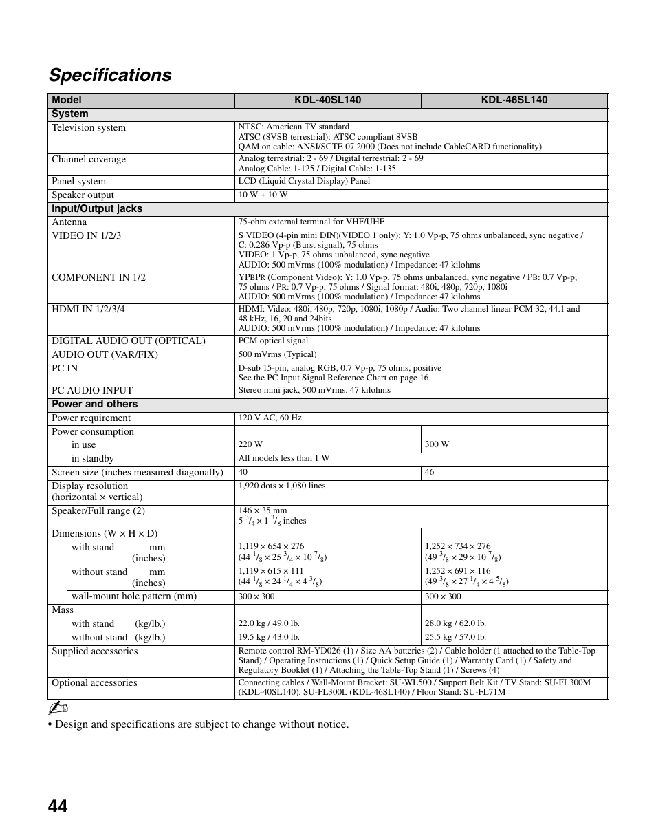 Specifications, 44 specifications | Sony KDL-46SL140 User Manual | Page 44 / 48