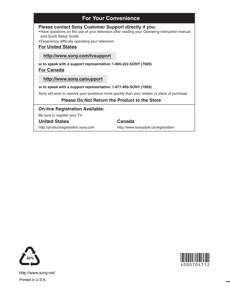 For your convenience | Sony KDL-46SL140 User Manual | Page 48 / 48