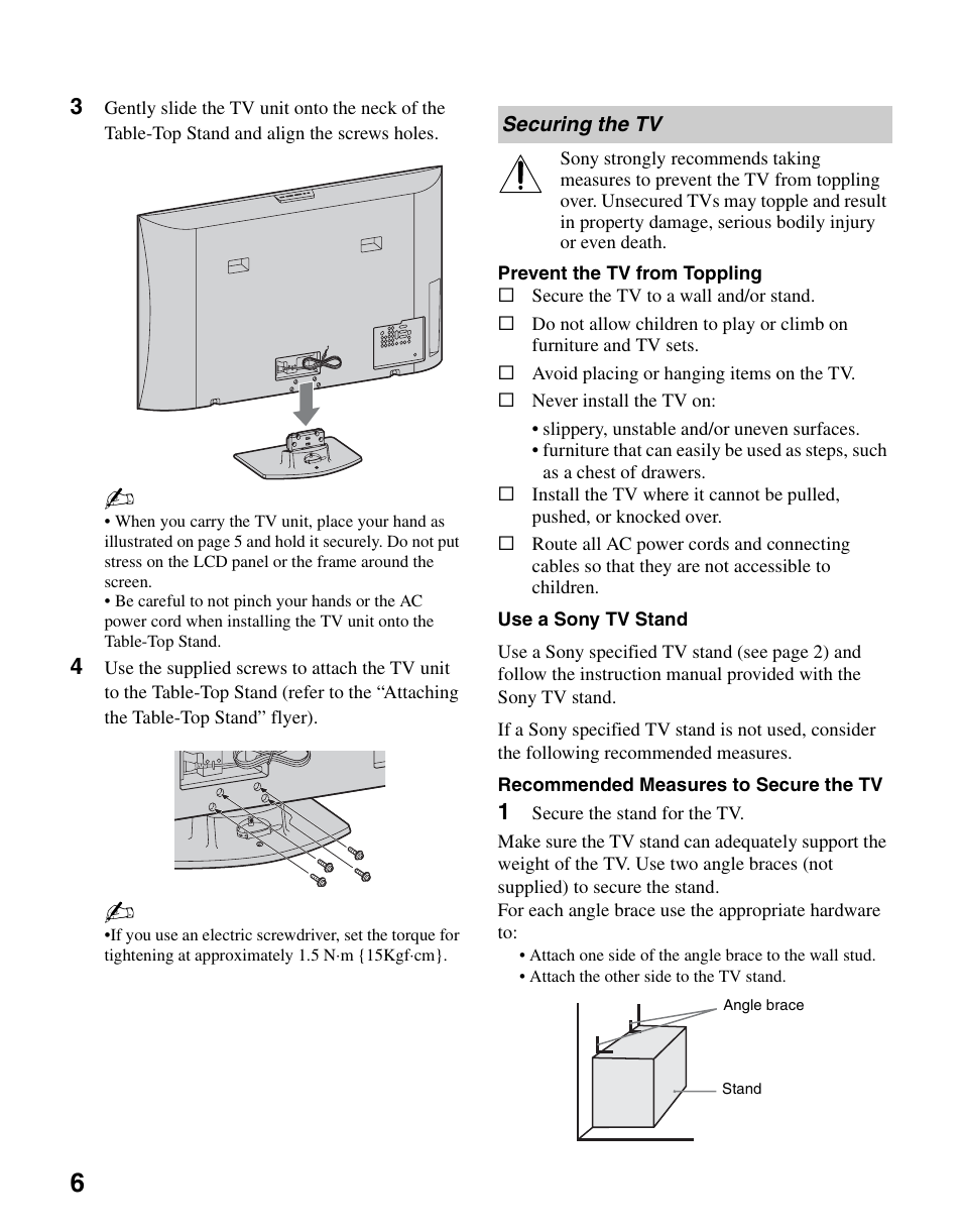 Securing the tv | Sony KDL-46SL140 User Manual | Page 6 / 48