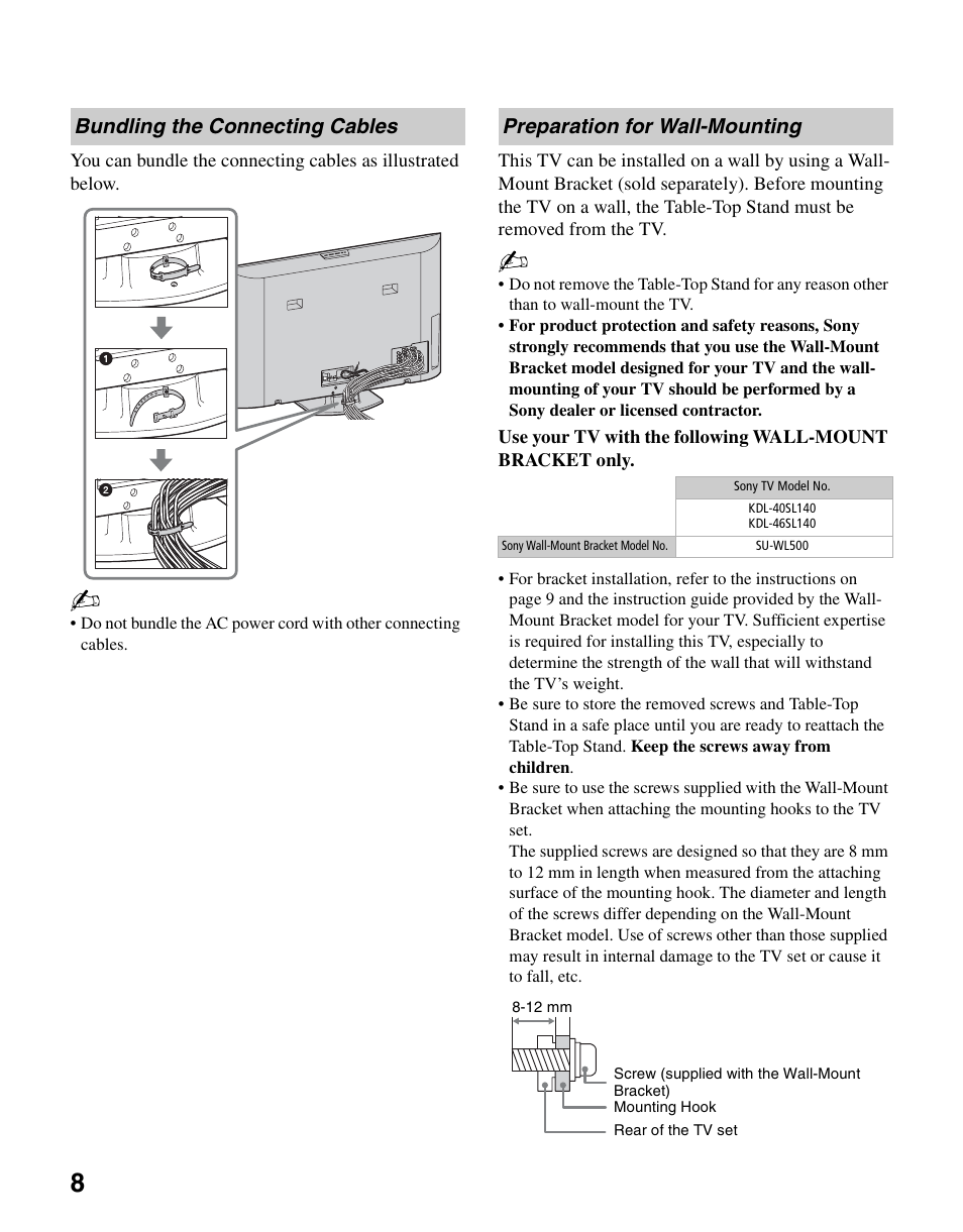 Bundling the connecting cables, Preparation for wall-mounting | Sony KDL-46SL140 User Manual | Page 8 / 48