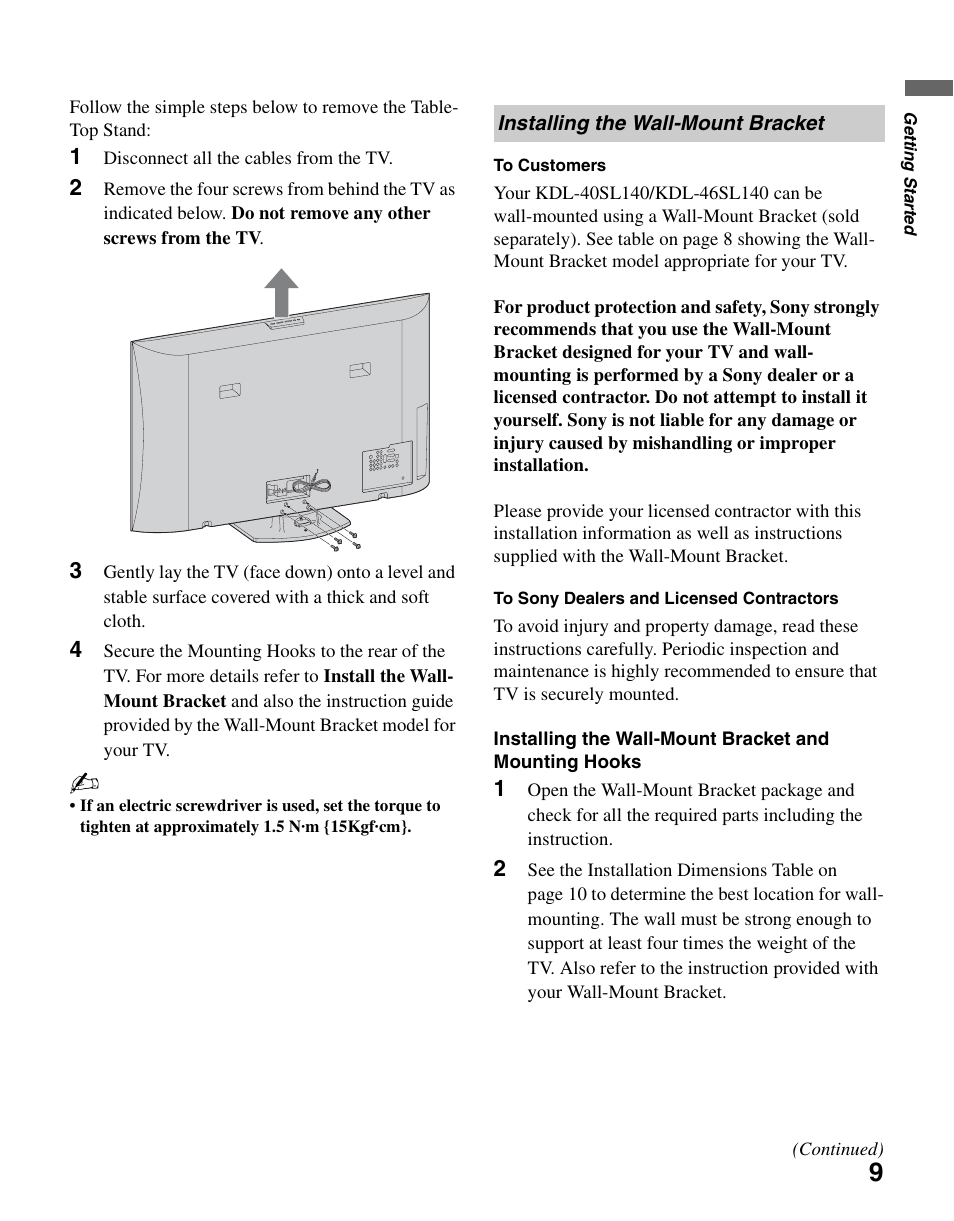 Installing the wall-mount bracket | Sony KDL-46SL140 User Manual | Page 9 / 48