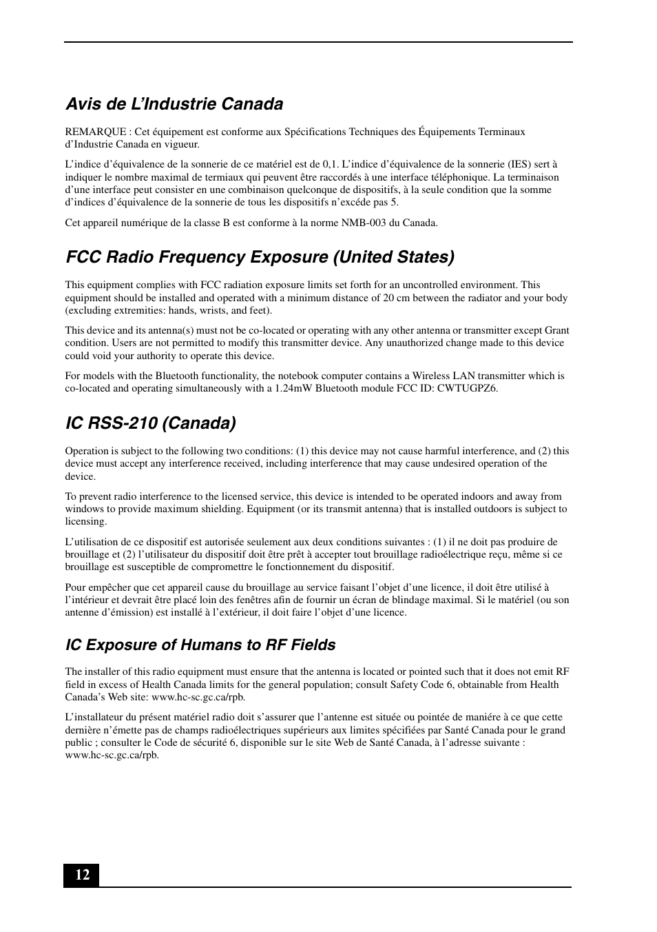 Avis de l’industrie canada, Fcc radio frequency exposure (united states), Ic rss-210 (canada) | Ic exposure of humans to rf fields | Sony VGN-FZ190U User Manual | Page 12 / 24
