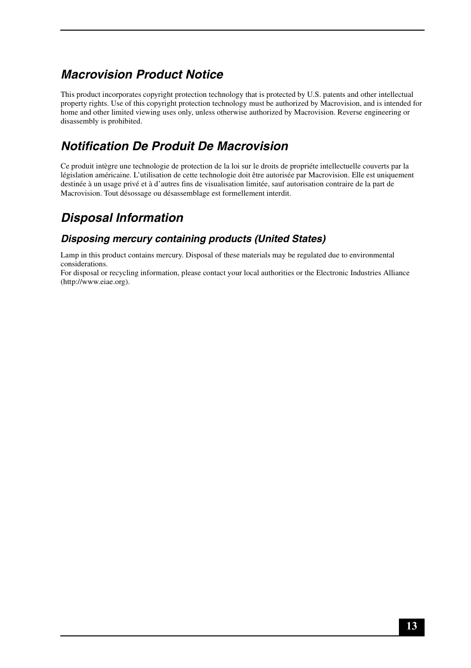 Macrovision product notice, Notification de produit de macrovision, Disposal information | Sony VGN-FZ190U User Manual | Page 13 / 24