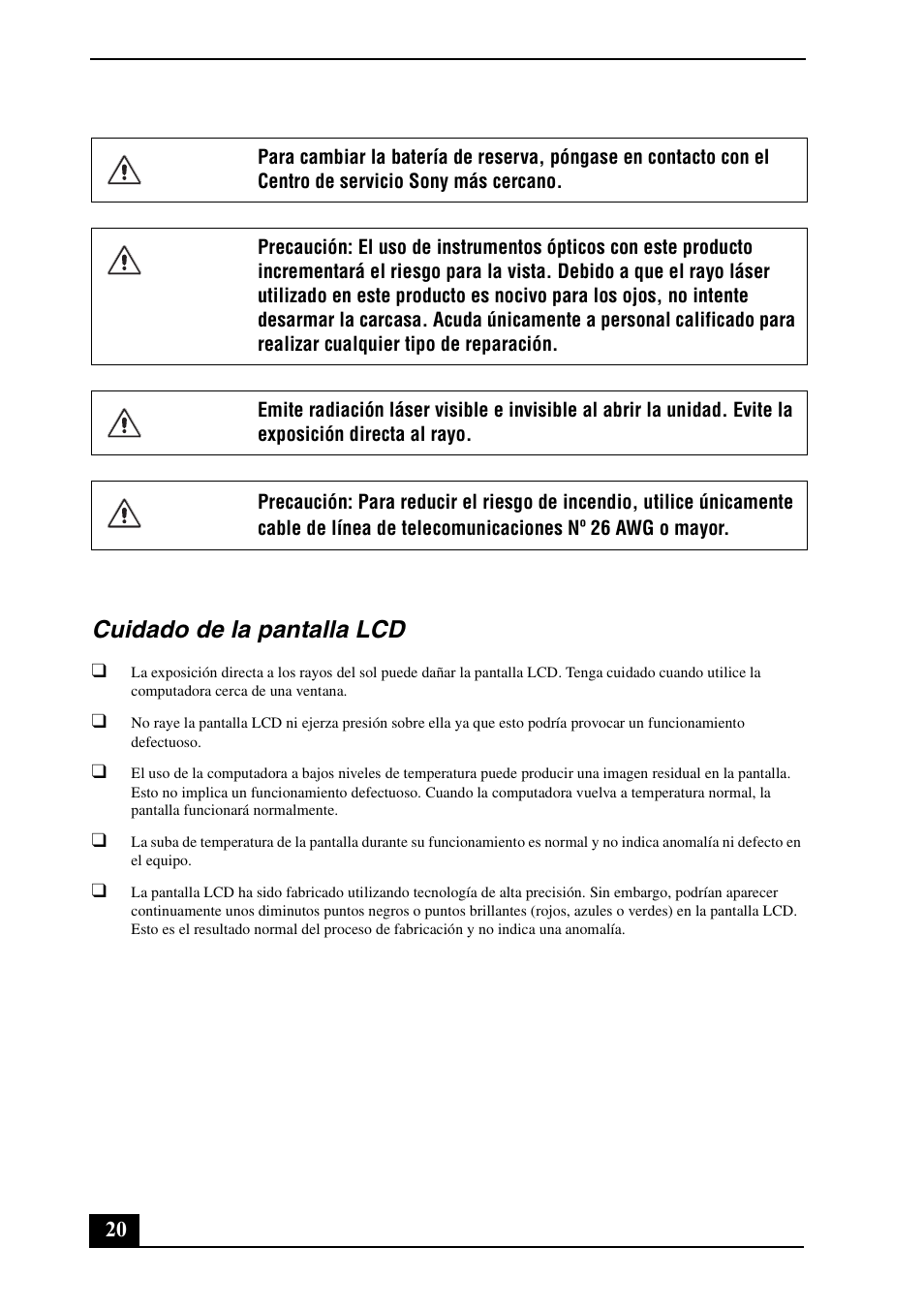 Cuidado de la pantalla lcd | Sony VGN-FZ190U User Manual | Page 20 / 24