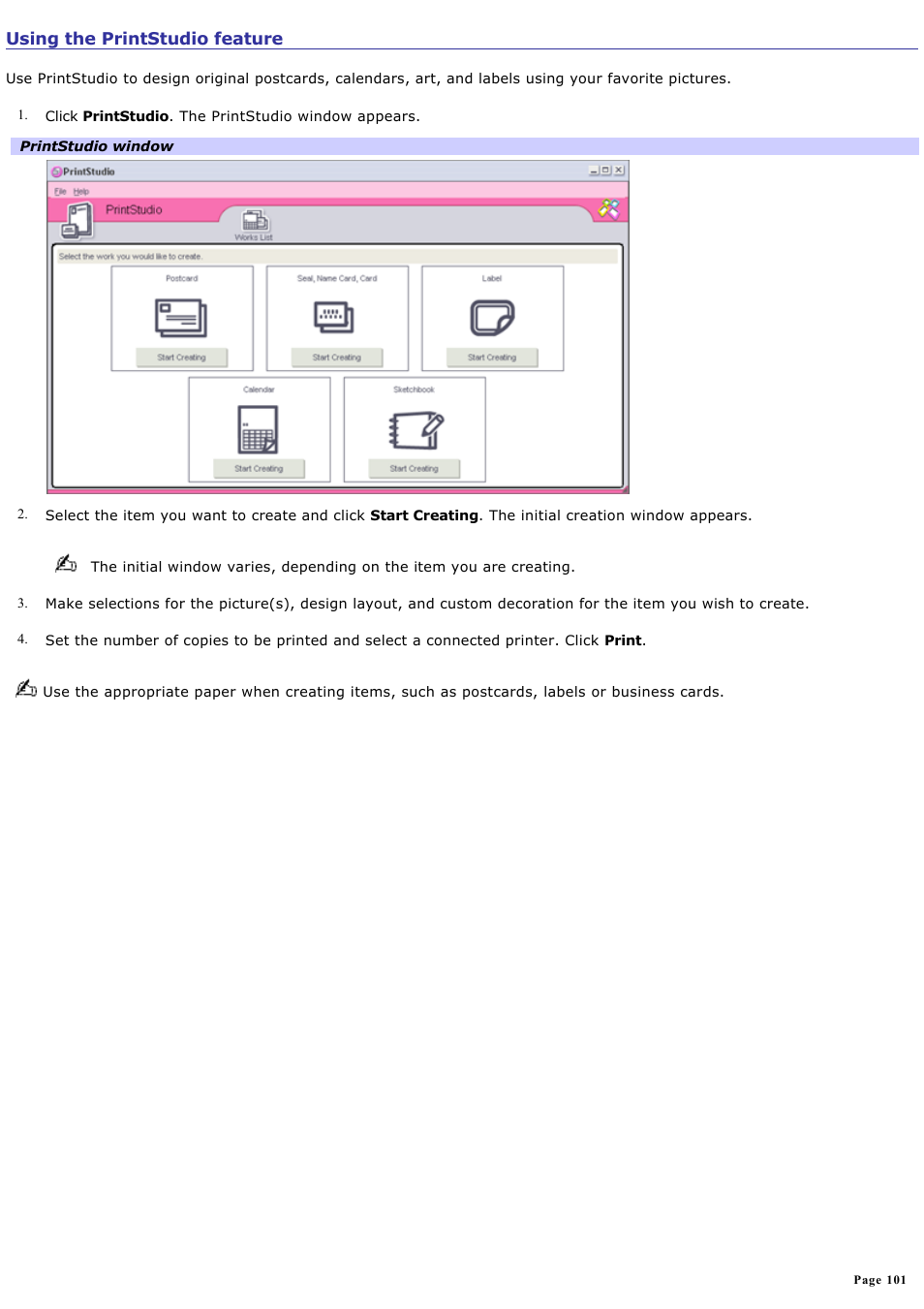 Using the printstudio feature | Sony PCG-GRT100K User Manual | Page 101 / 240