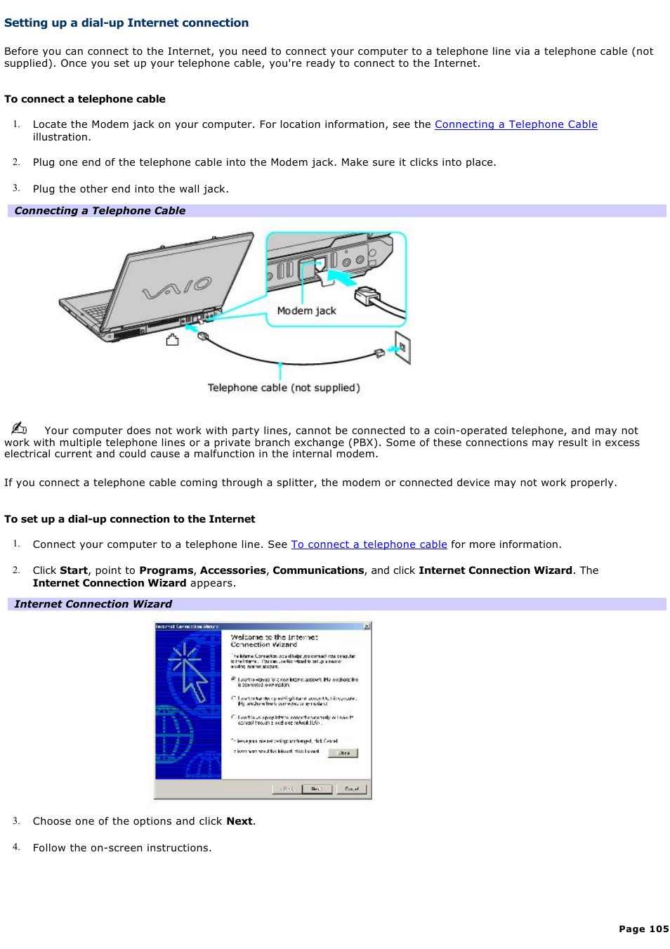 Setting up a dial-up internet connection | Sony PCG-GRT100K User Manual | Page 105 / 240