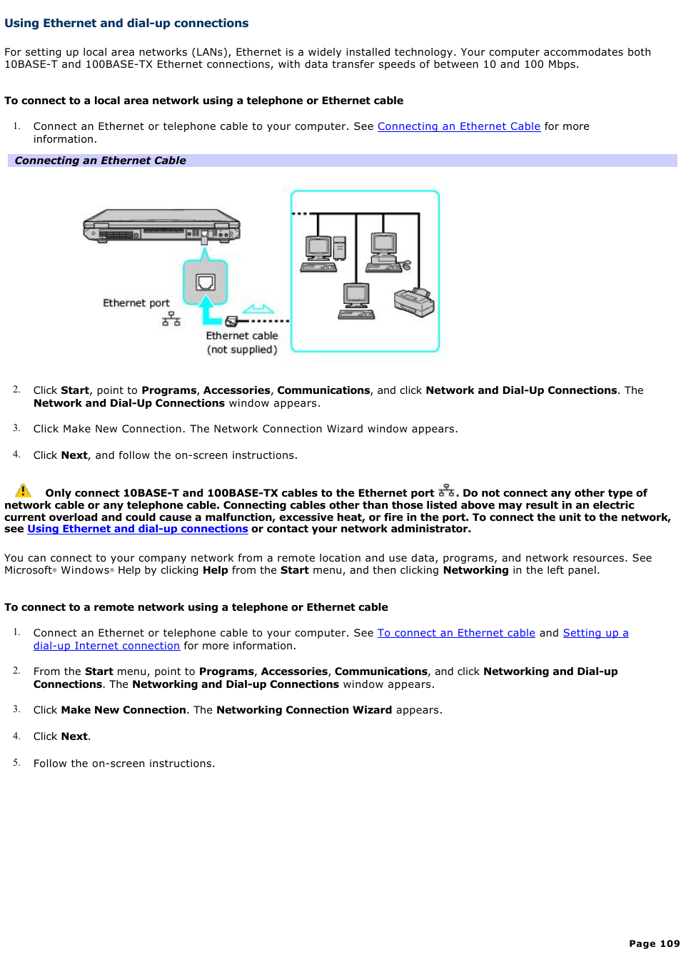 Using ethernet and dial-up connections | Sony PCG-GRT100K User Manual | Page 109 / 240