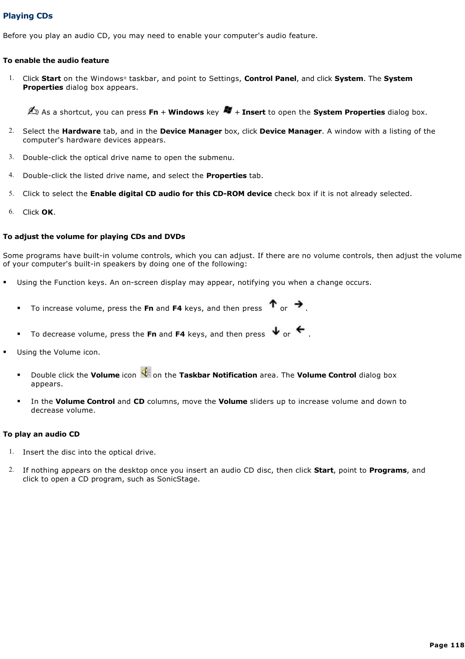 Playing cds | Sony PCG-GRT100K User Manual | Page 118 / 240