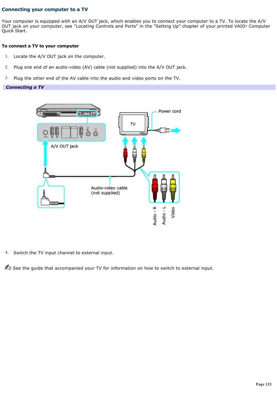 Connecting your computer to a tv | Sony PCG-GRT100K User Manual | Page 121 / 240