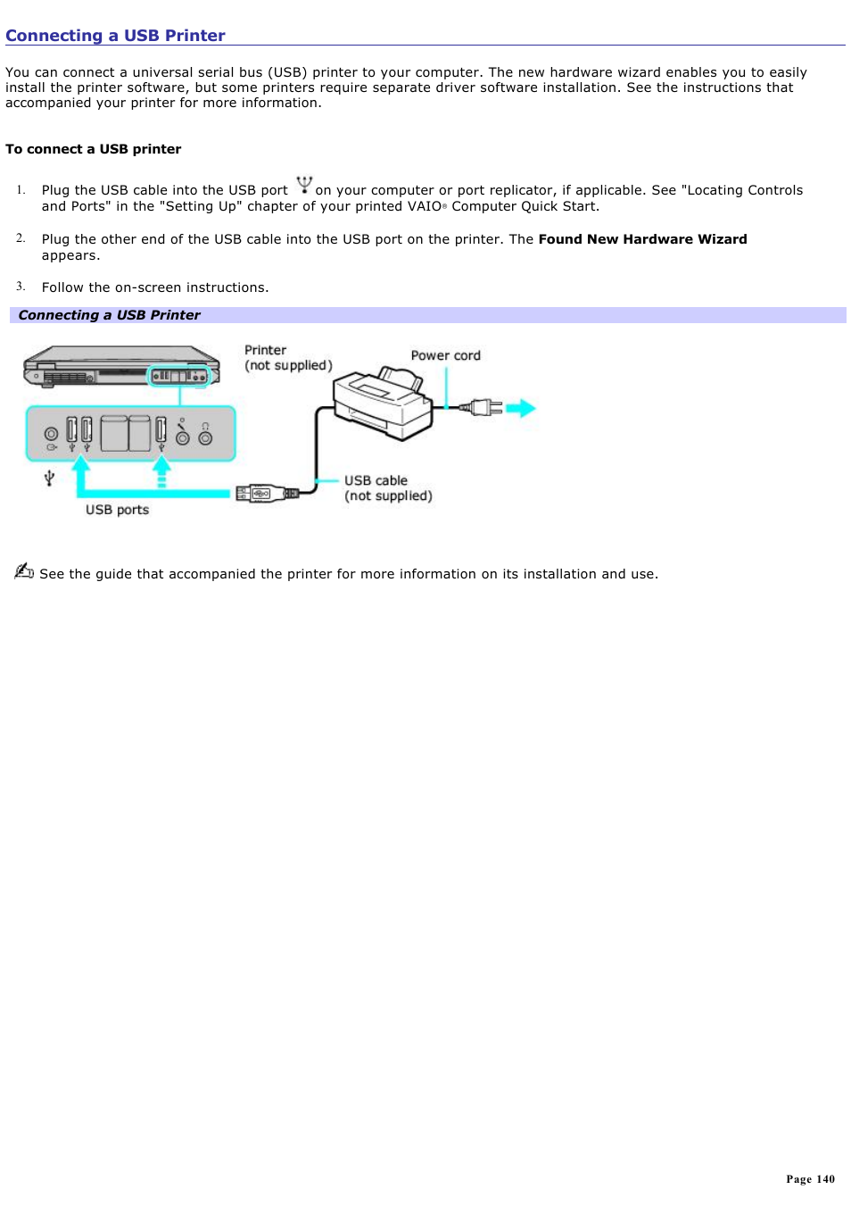 Connecting a usb printer | Sony PCG-GRT100K User Manual | Page 140 / 240