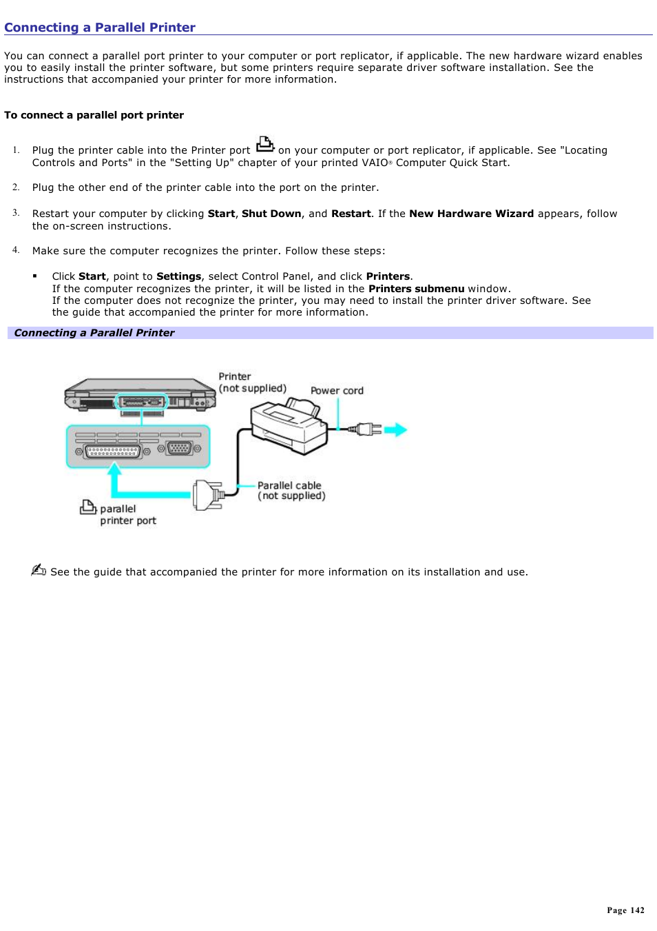 Connecting a parallel printer | Sony PCG-GRT100K User Manual | Page 142 / 240