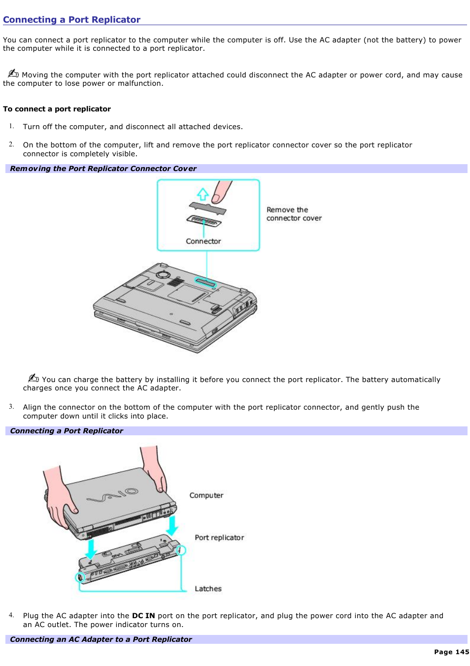 Connecting a port replicator | Sony PCG-GRT100K User Manual | Page 145 / 240